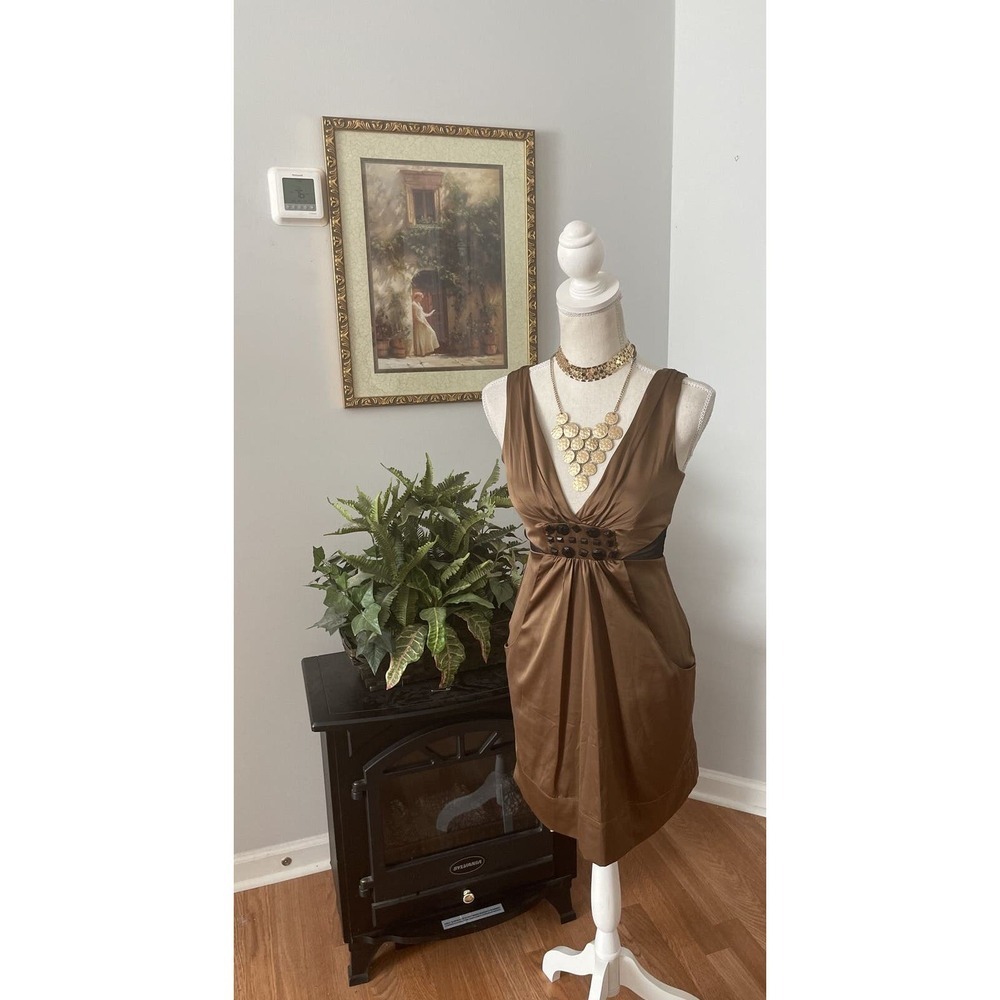BCBGeneration Women Brown Sleeveless Dress Size 2 Beaded Exposed Zipper Pockets‎